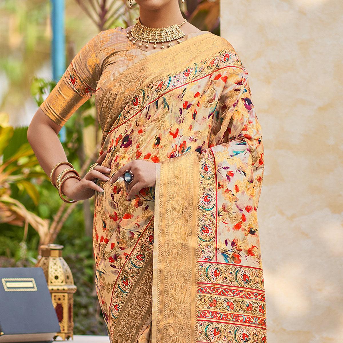 Golden Floral Digital Printed Pure Silk Saree - Peachmode