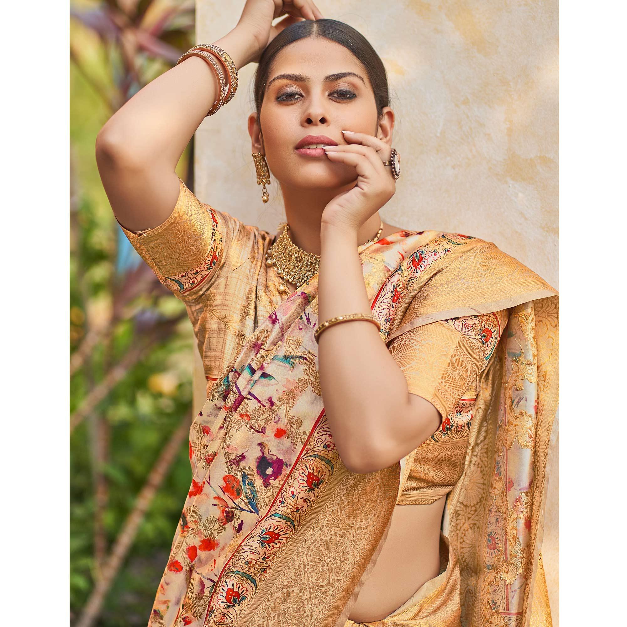 Golden Floral Digital Printed Pure Silk Saree - Peachmode