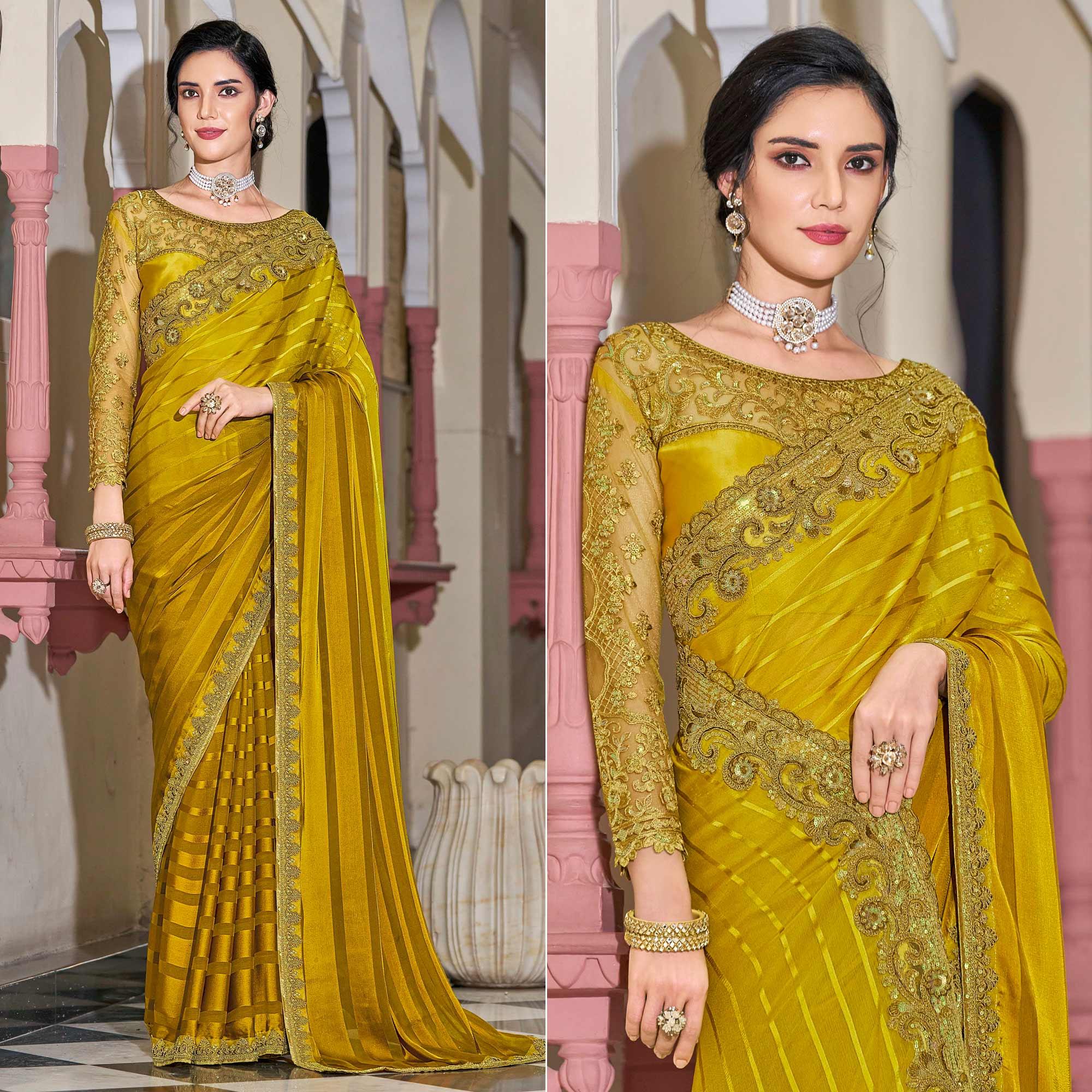 Golden Floral Sequence Embroidered Art Silk Saree - Peachmode