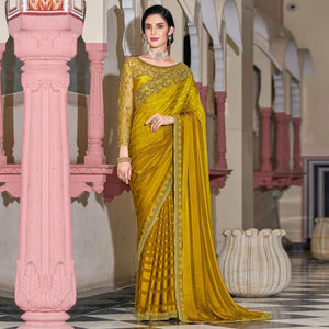 Golden Floral Sequence Embroidered Art Silk Saree - Peachmode