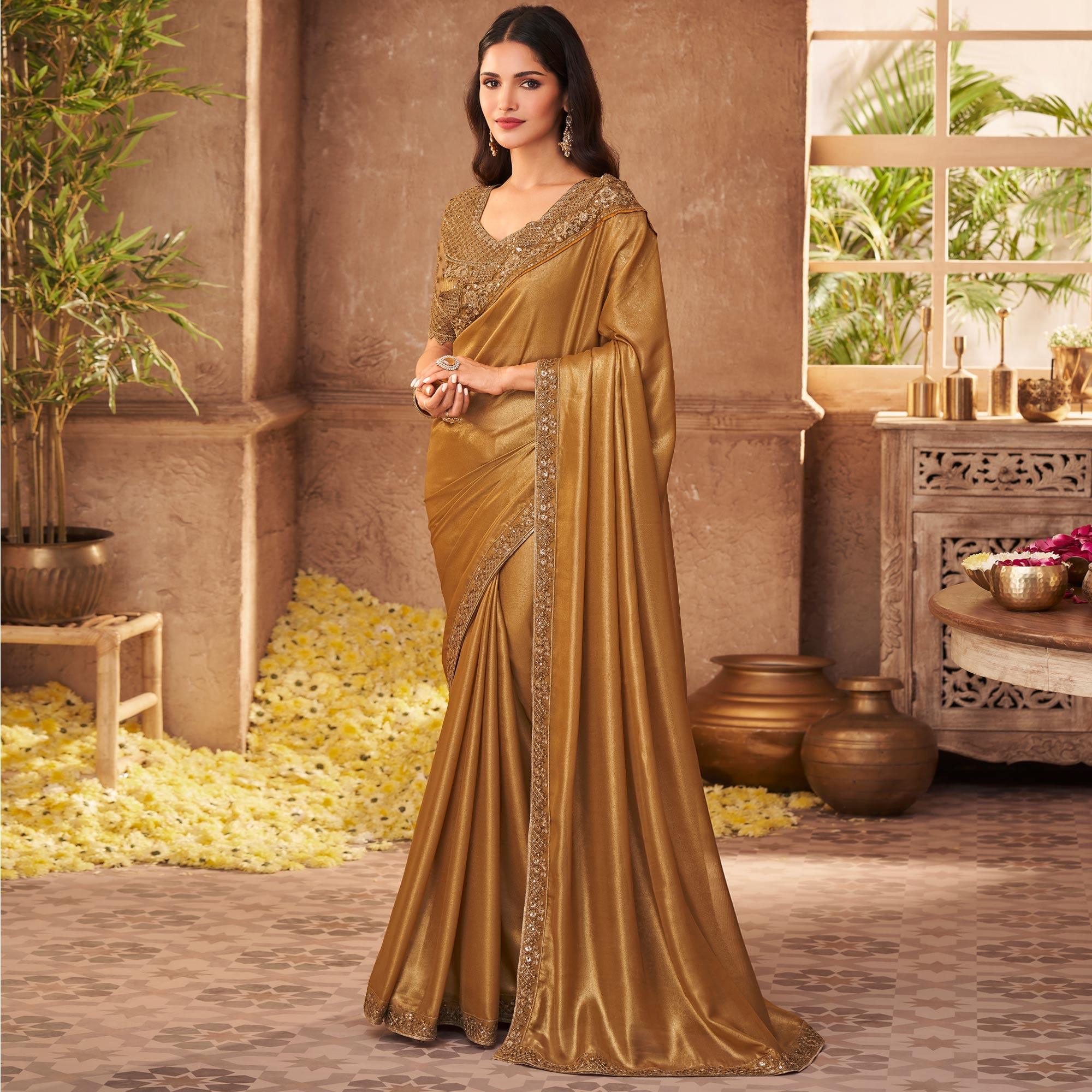 Golden Floral Sequence Embroidered Art SIlk Saree - Peachmode