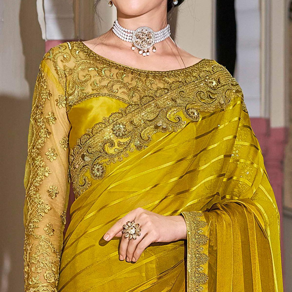 Golden Floral Sequence Embroidered Art Silk Saree - Peachmode