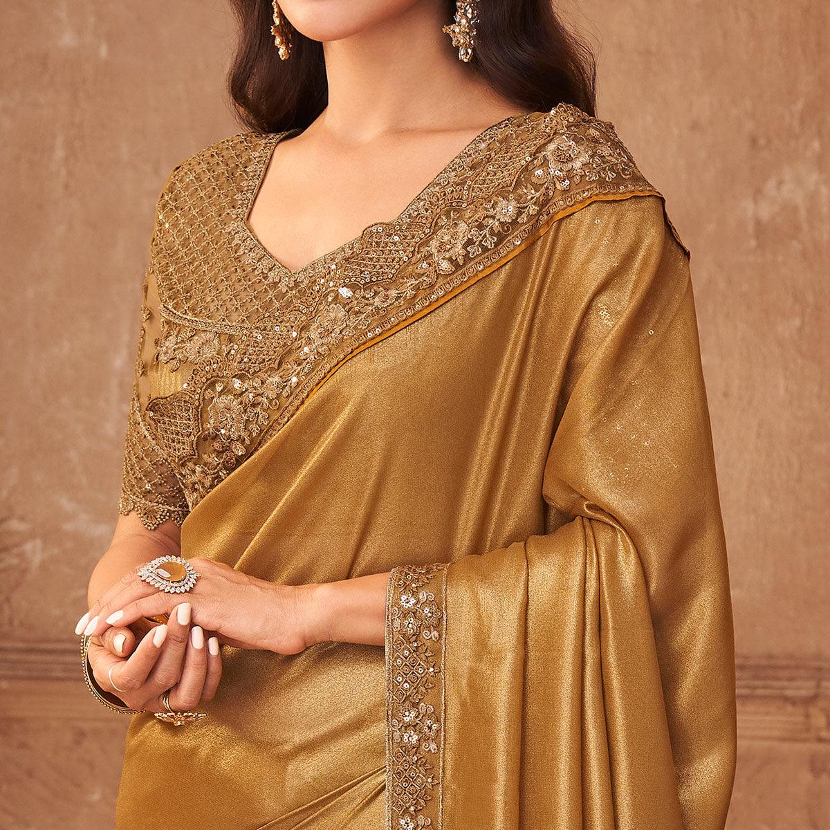 Golden Floral Sequence Embroidered Art SIlk Saree - Peachmode