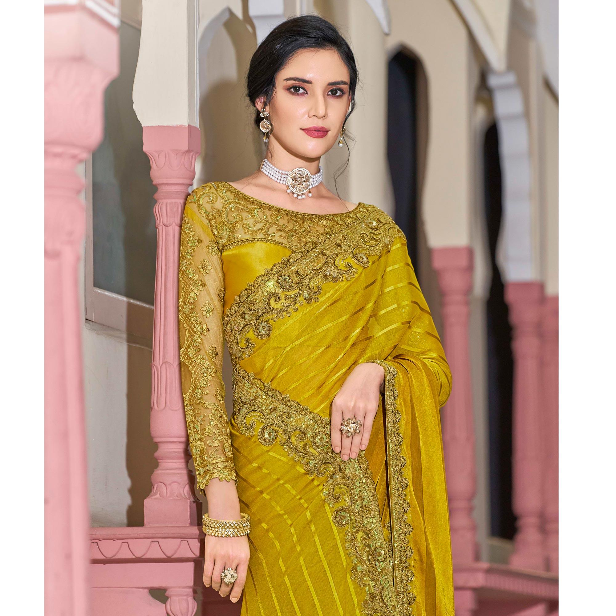 Golden Floral Sequence Embroidered Art Silk Saree - Peachmode