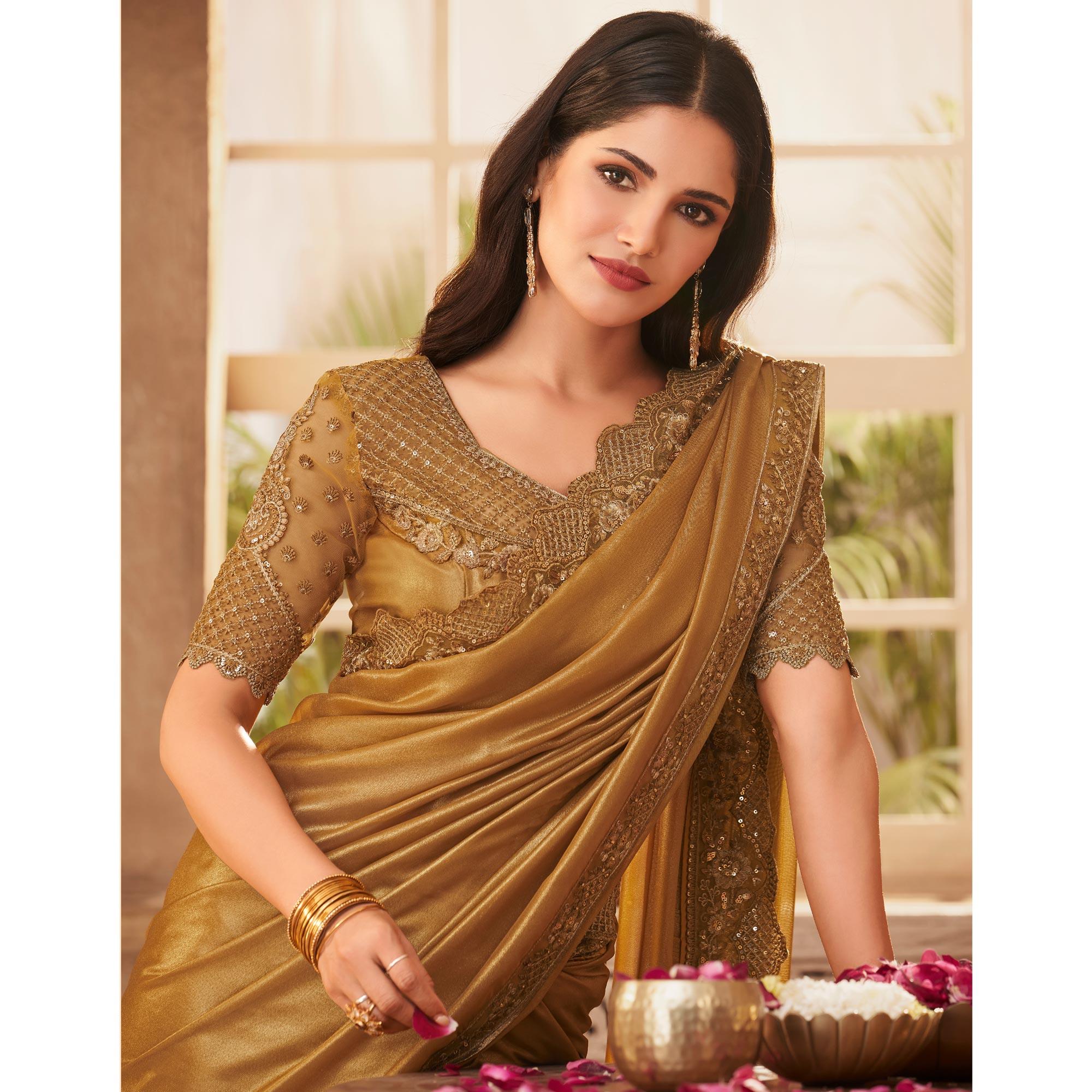 Golden Floral Sequence Embroidered Art SIlk Saree - Peachmode