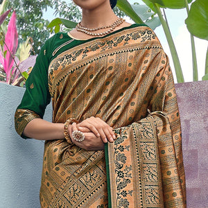 Golden-Green Woven Art Silk Saree With Tassels - Peachmode