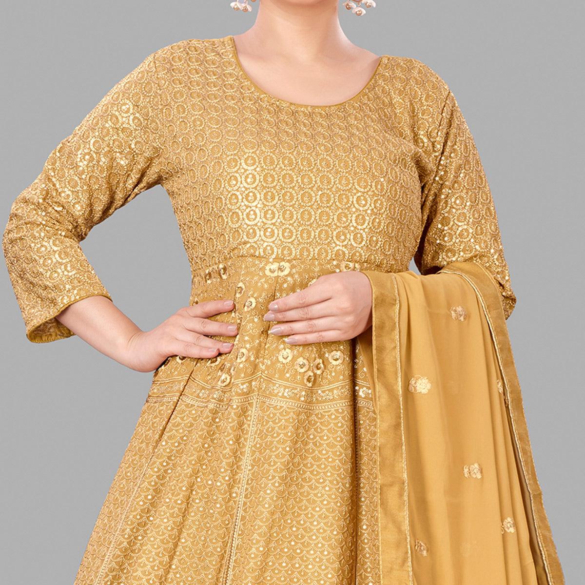 Golden Partywear Embroidered Heavy Faux Georgette A Line Anarkali Suit - Peachmode