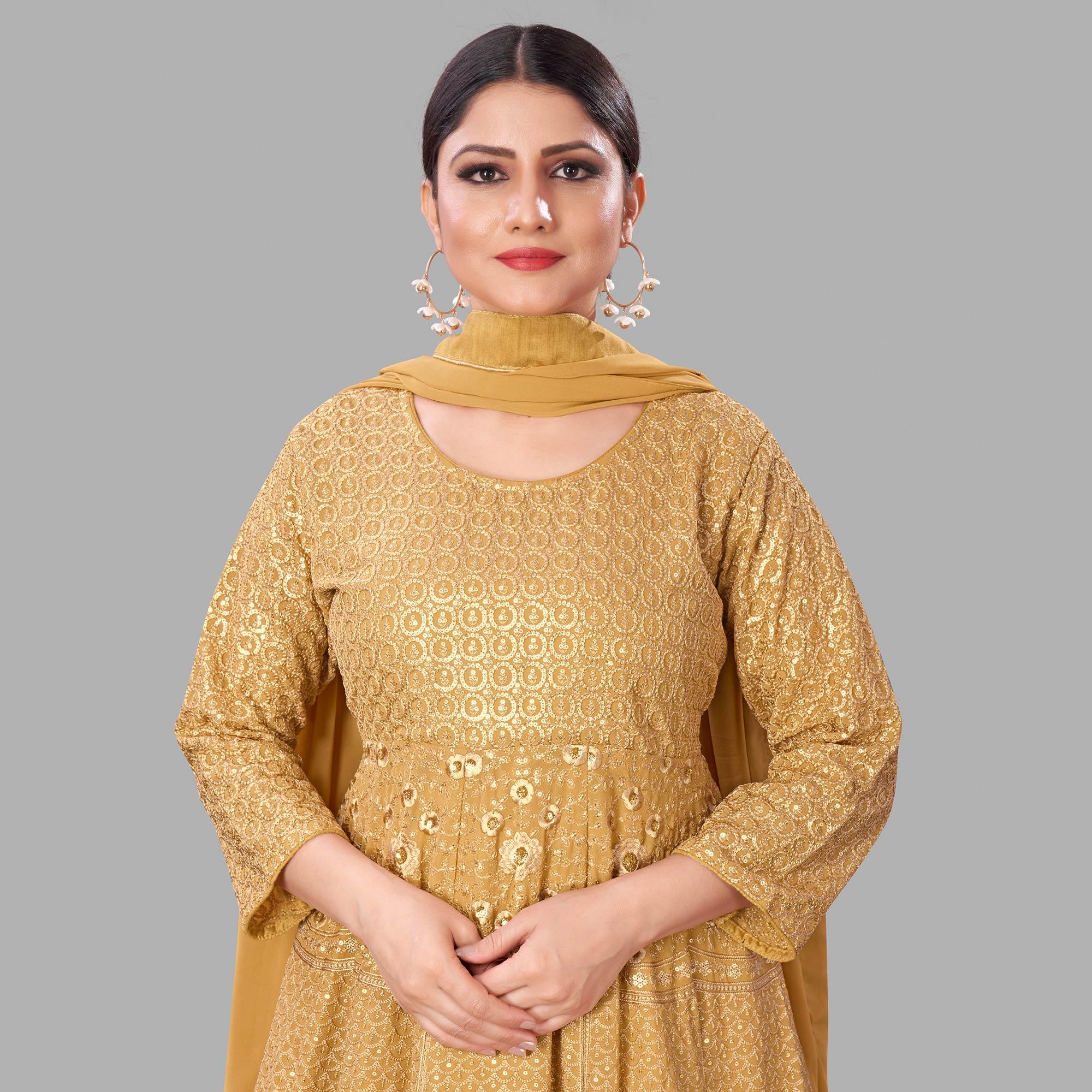 Golden Partywear Embroidered Heavy Faux Georgette A Line Anarkali Suit - Peachmode