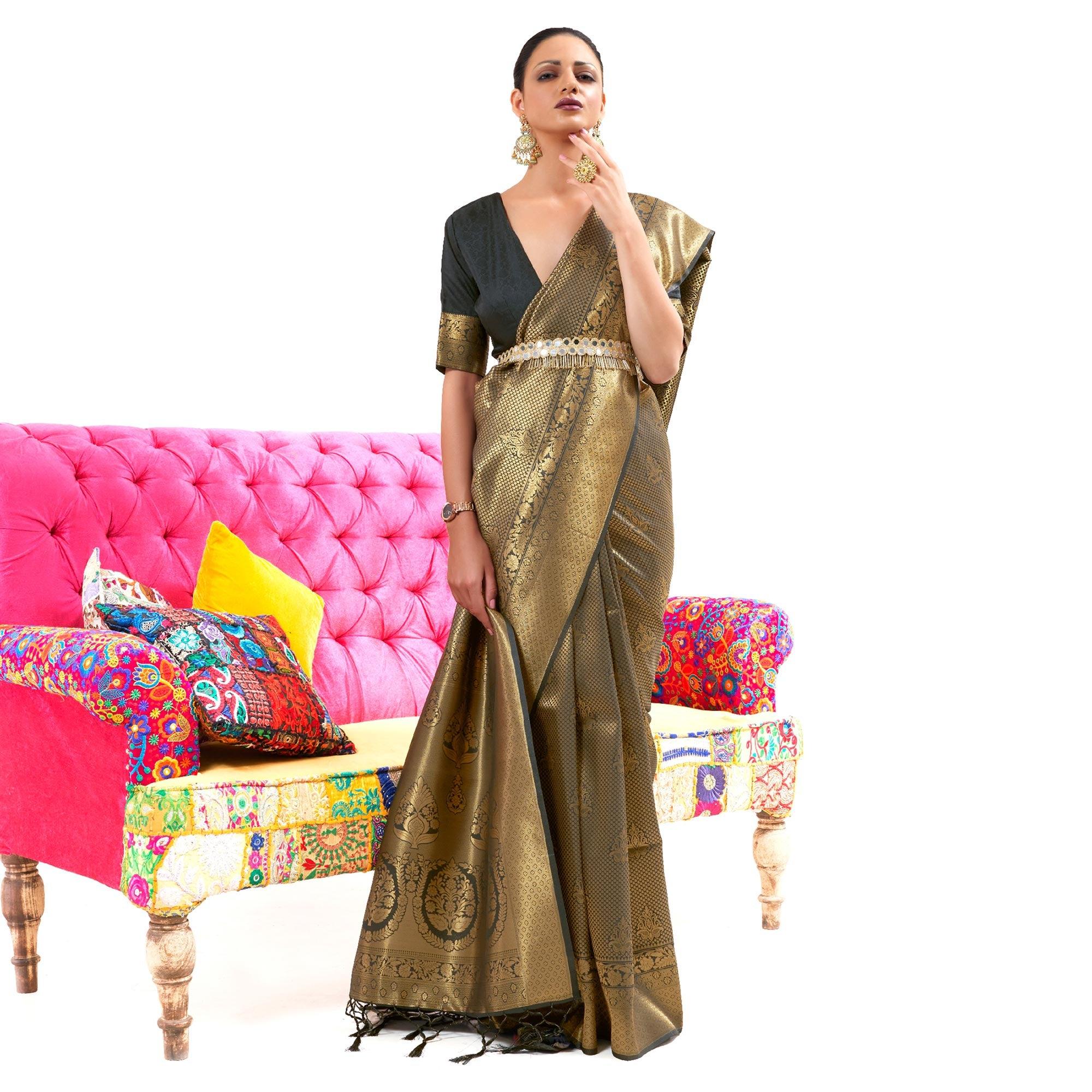 Golden Partywear Woven Handloom Silk Saree - Peachmode