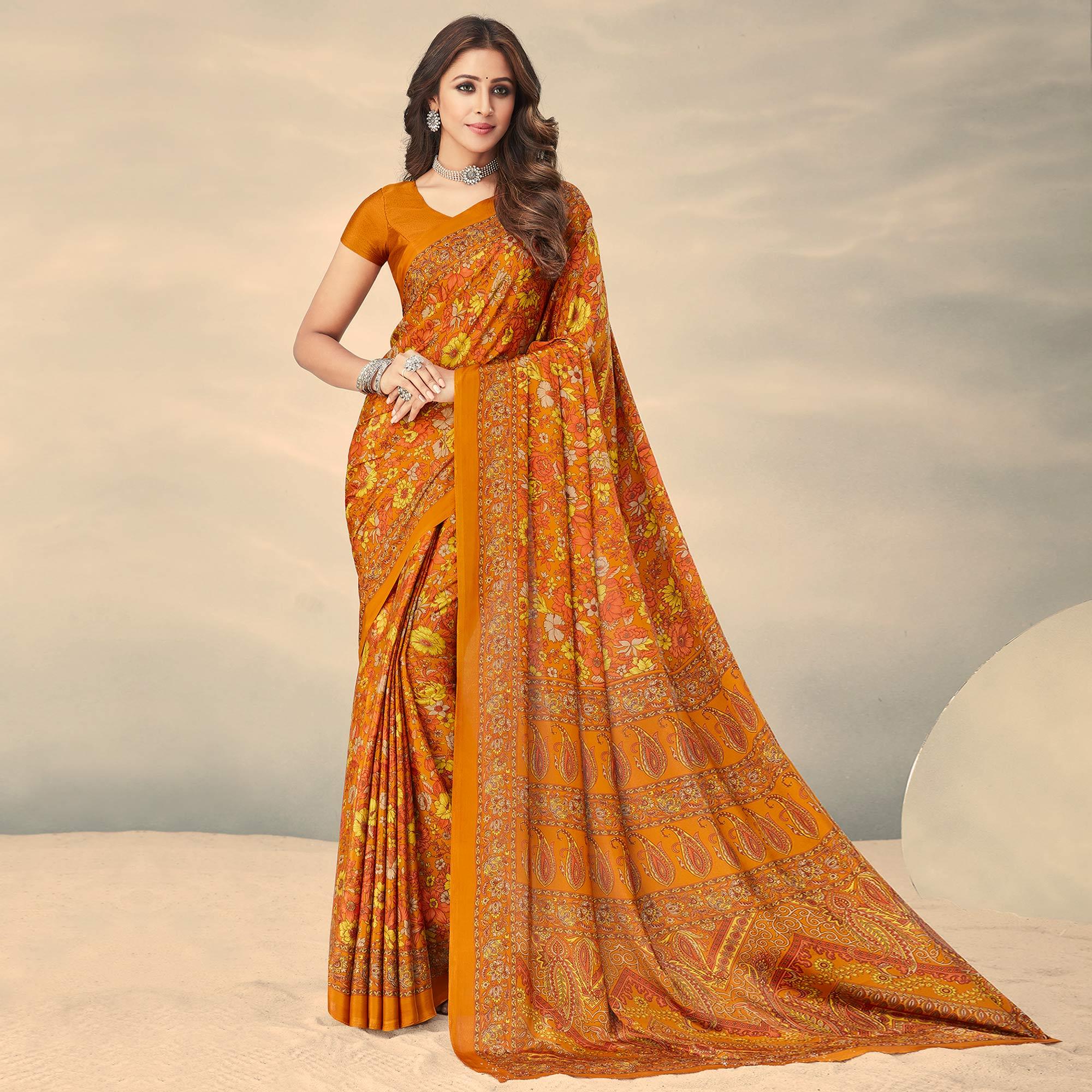 Golden Printed Crepe Saree - Peachmode