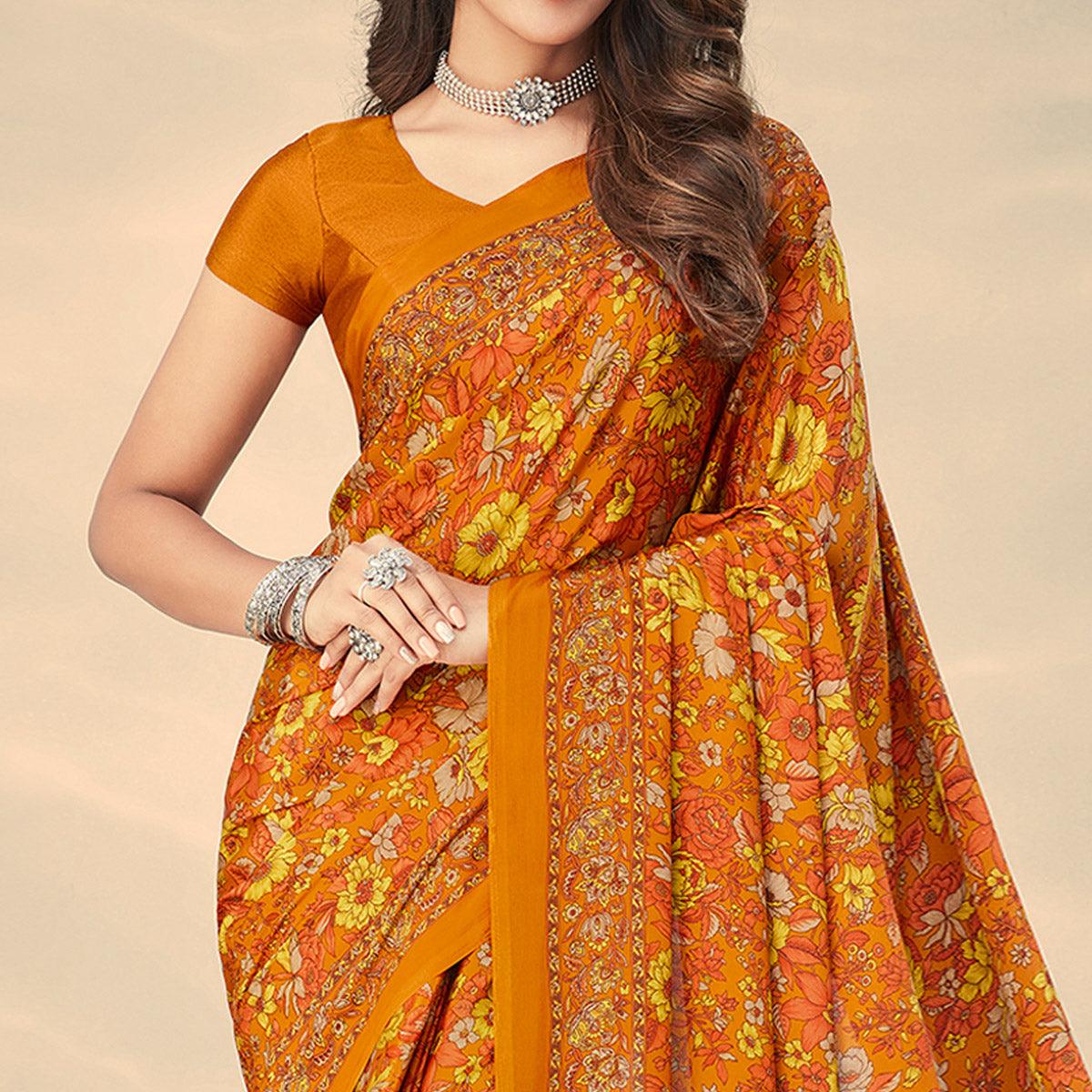 Golden Printed Crepe Saree - Peachmode