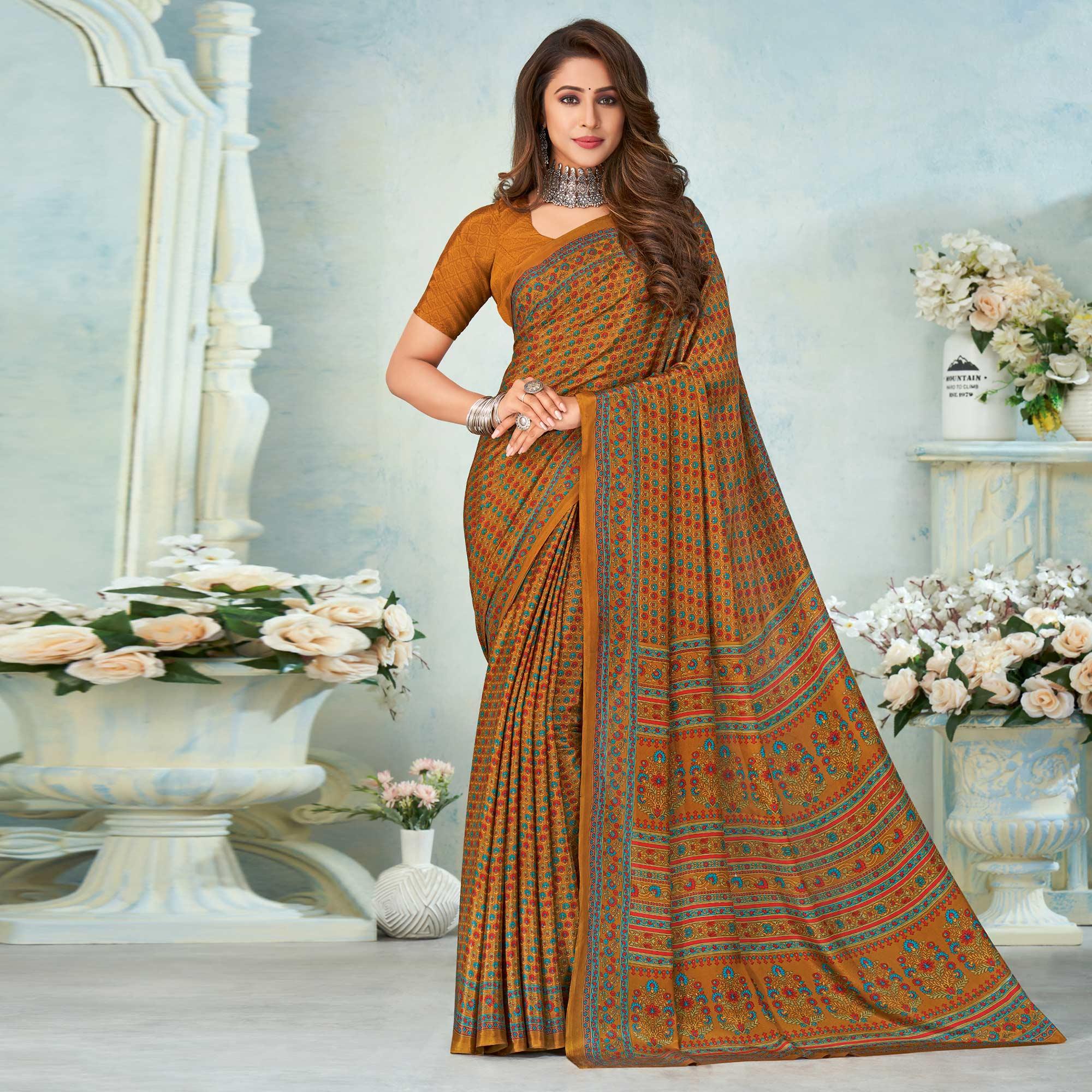 Golden Printed Raw Silk Saree - Peachmode