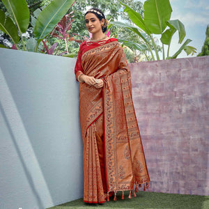 Golden-Red Woven Art Silk Saree With Tassels - Peachmode
