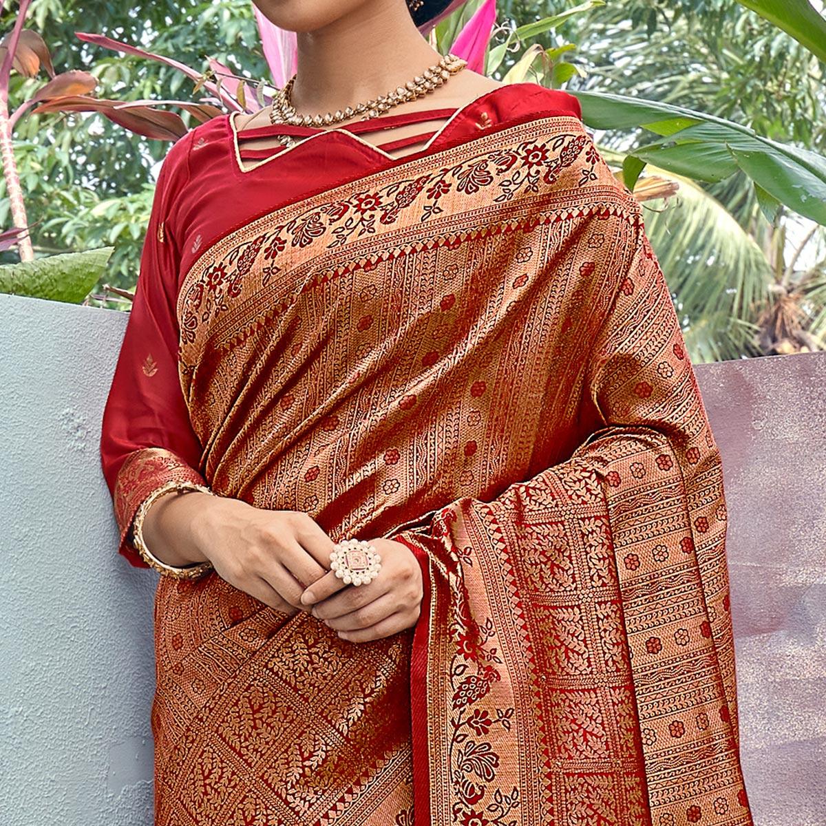 Golden-Red Woven Art Silk Saree With Tassels - Peachmode