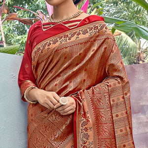Golden-Red Woven Art Silk Saree With Tassels - Peachmode