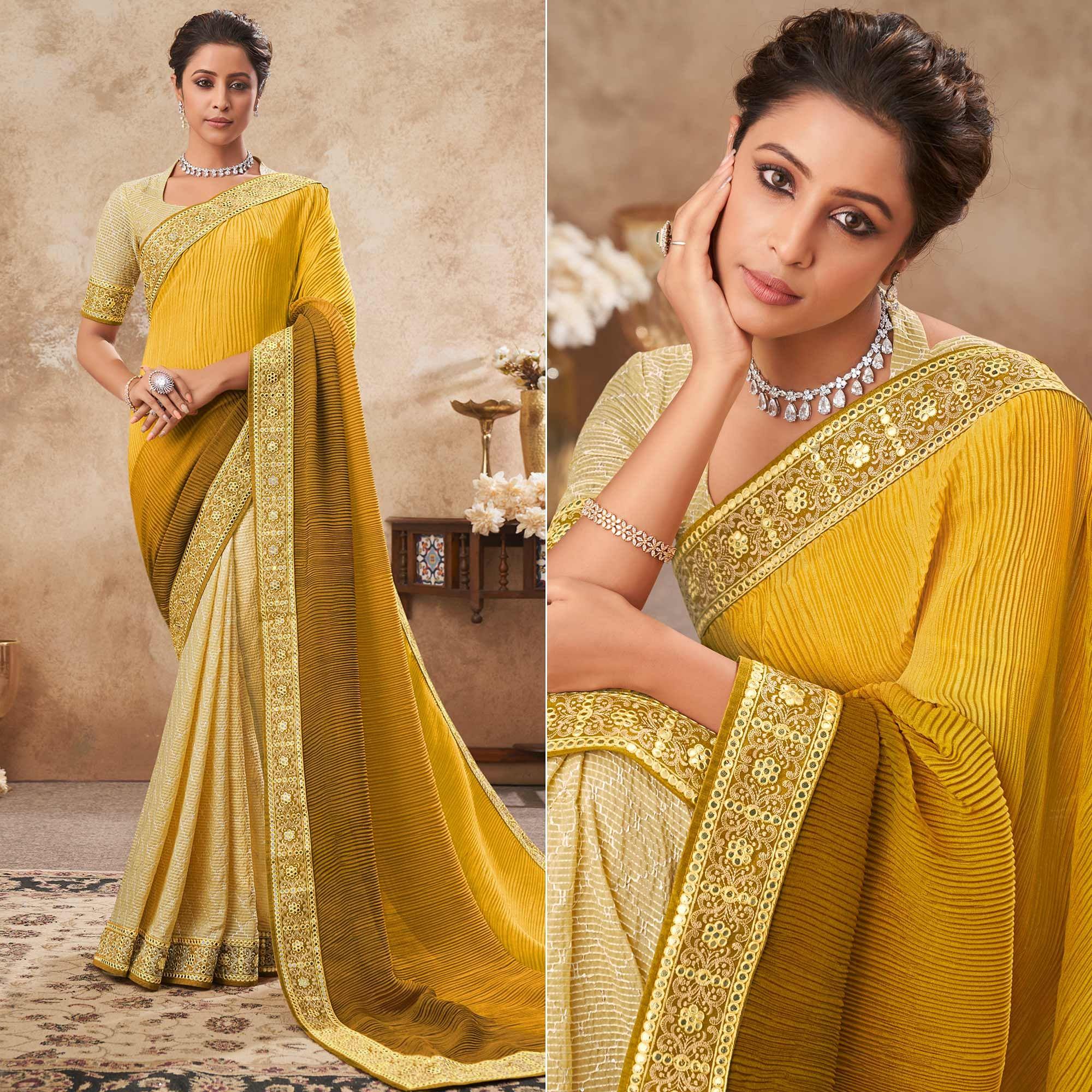 Golden Sequence Embroidered Chiffon Half & Half Saree - Peachmode