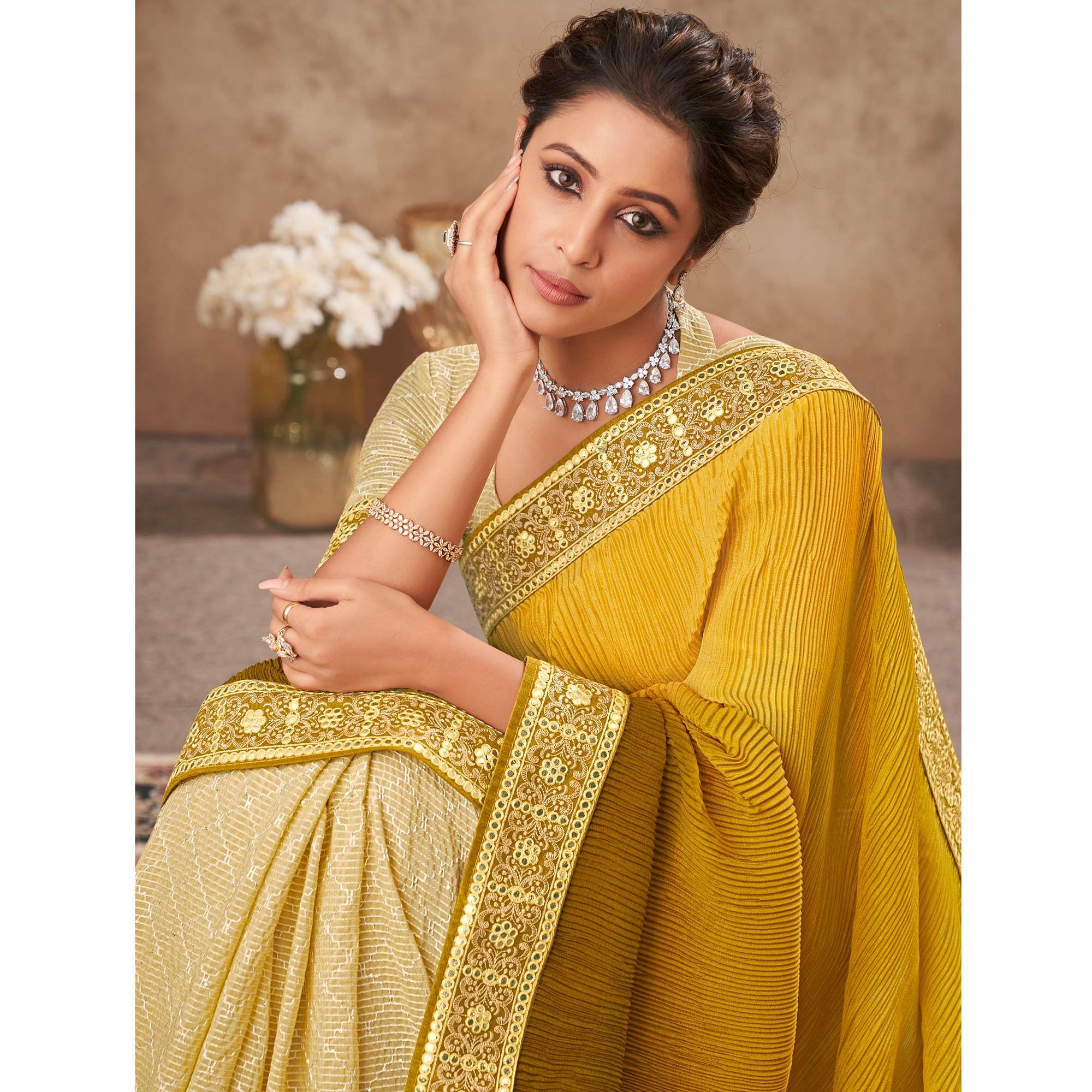 Golden Sequence Embroidered Chiffon Half & Half Saree - Peachmode
