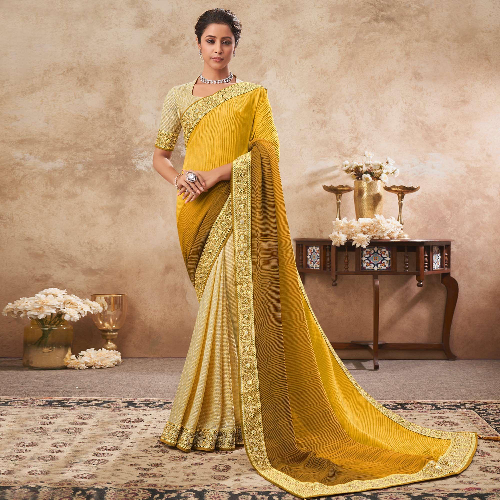 Golden Sequence Embroidered Chiffon Half & Half Saree - Peachmode