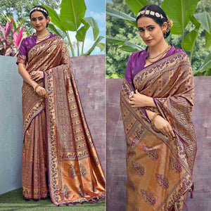 Golden-Violet Woven Art Silk Saree With Tassels - Peachmode