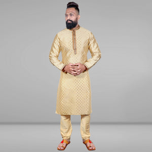 Golden Woven Jacquard Kurta Pyjama Set - Peachmode