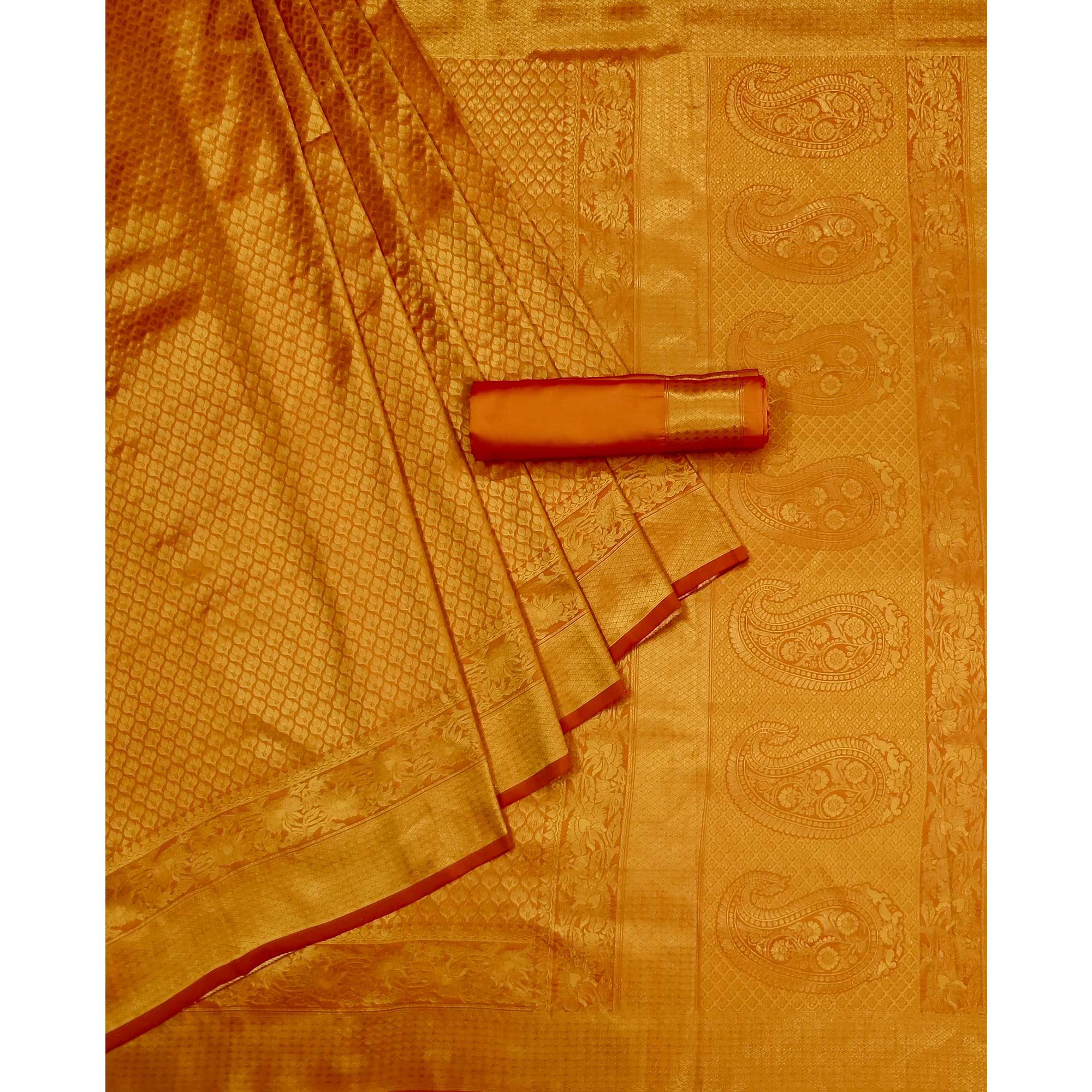 Golden Woven Jacquard Saree - Peachmode