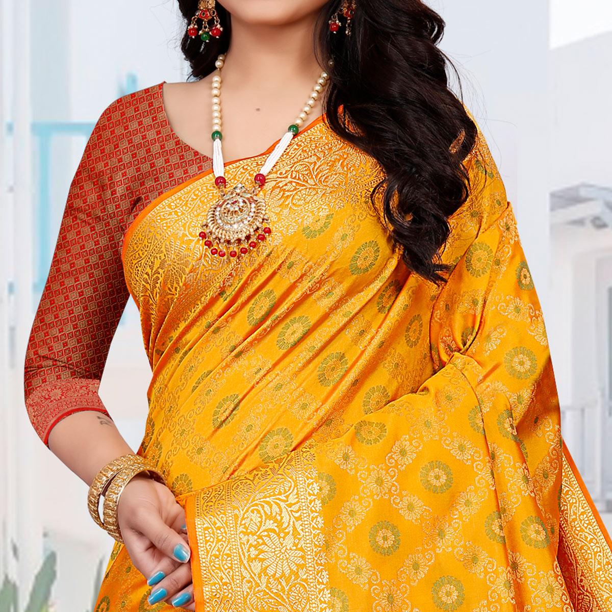 Golden Yellow Festive Wear Woven Silk Saree With Patola Rich Pallu - Peachmode