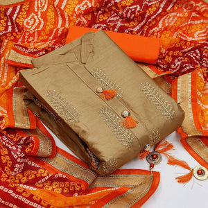 Gorgeous Beige Colored Casual Wear Embroidered Cotton Dress Material - Peachmode