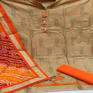 Gorgeous Beige Colored Casual Wear Embroidered Cotton Dress Material - Peachmode