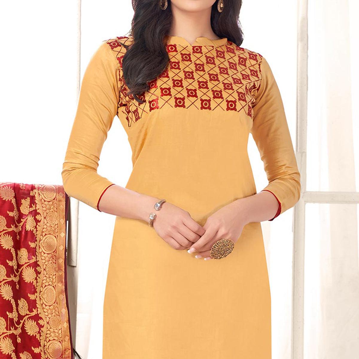 Gorgeous Beige Colored Party Wear Embroidered Cotton Salwar Suit - Peachmode