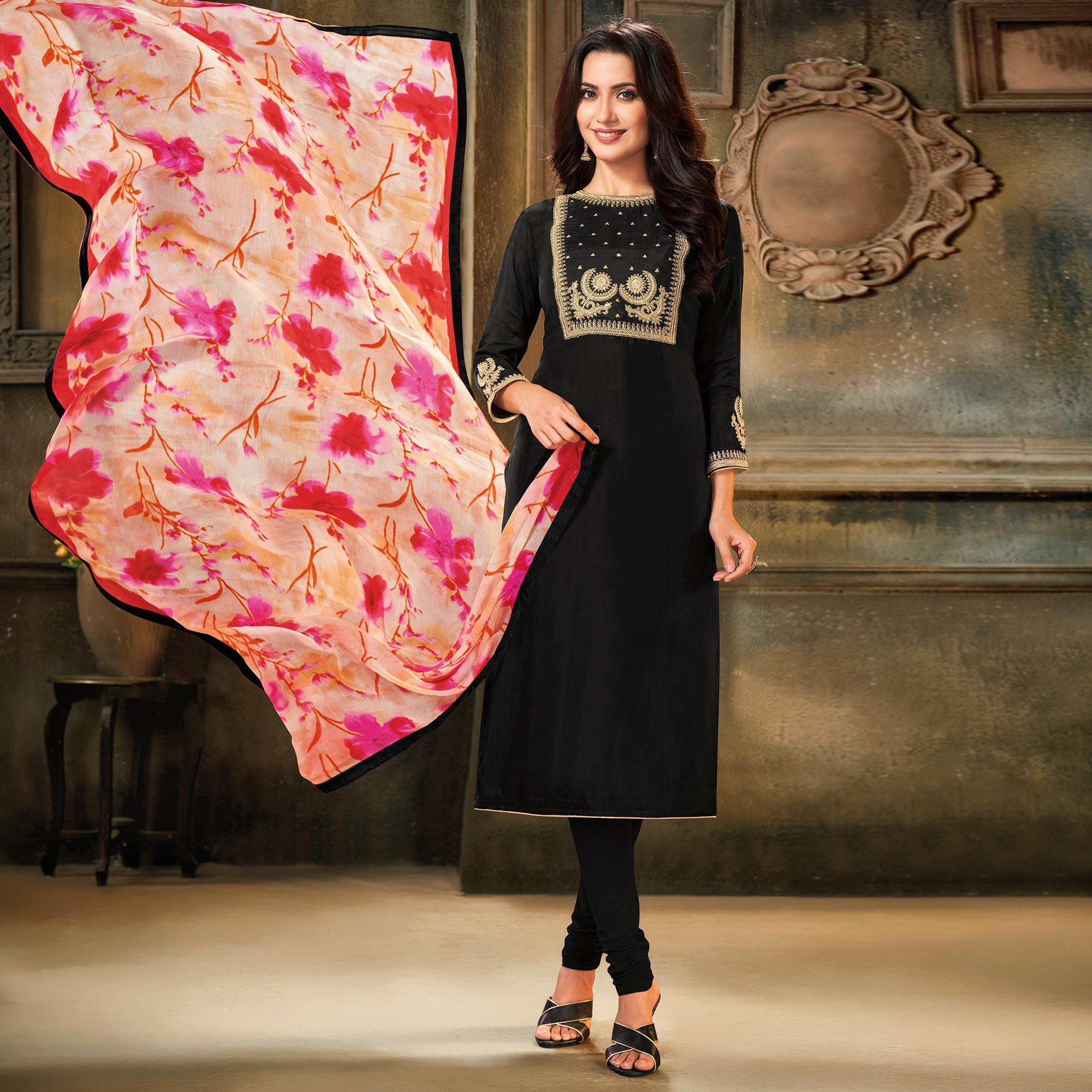 Gorgeous Black Colored Partywear Embroidered Chanderi Dress Material - Peachmode