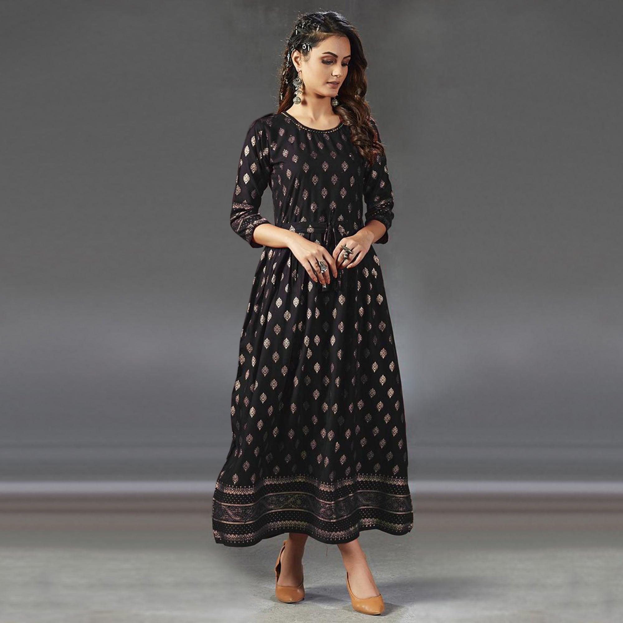 Gorgeous Black Colored Partywear Foil Printed Viscose Rayon Kurti - Peachmode