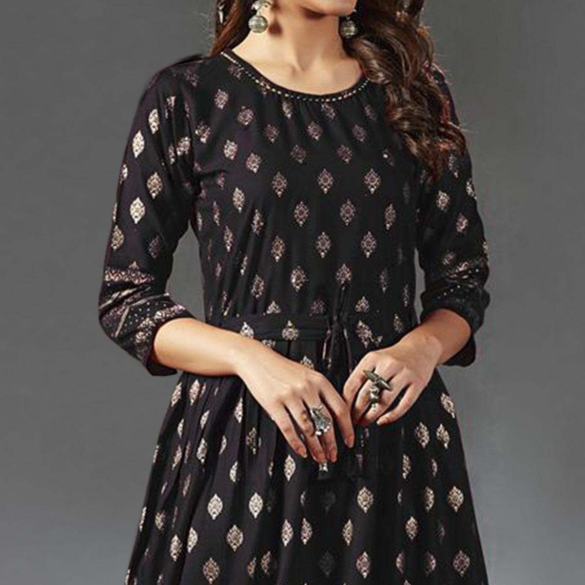Gorgeous Black Colored Partywear Foil Printed Viscose Rayon Kurti - Peachmode