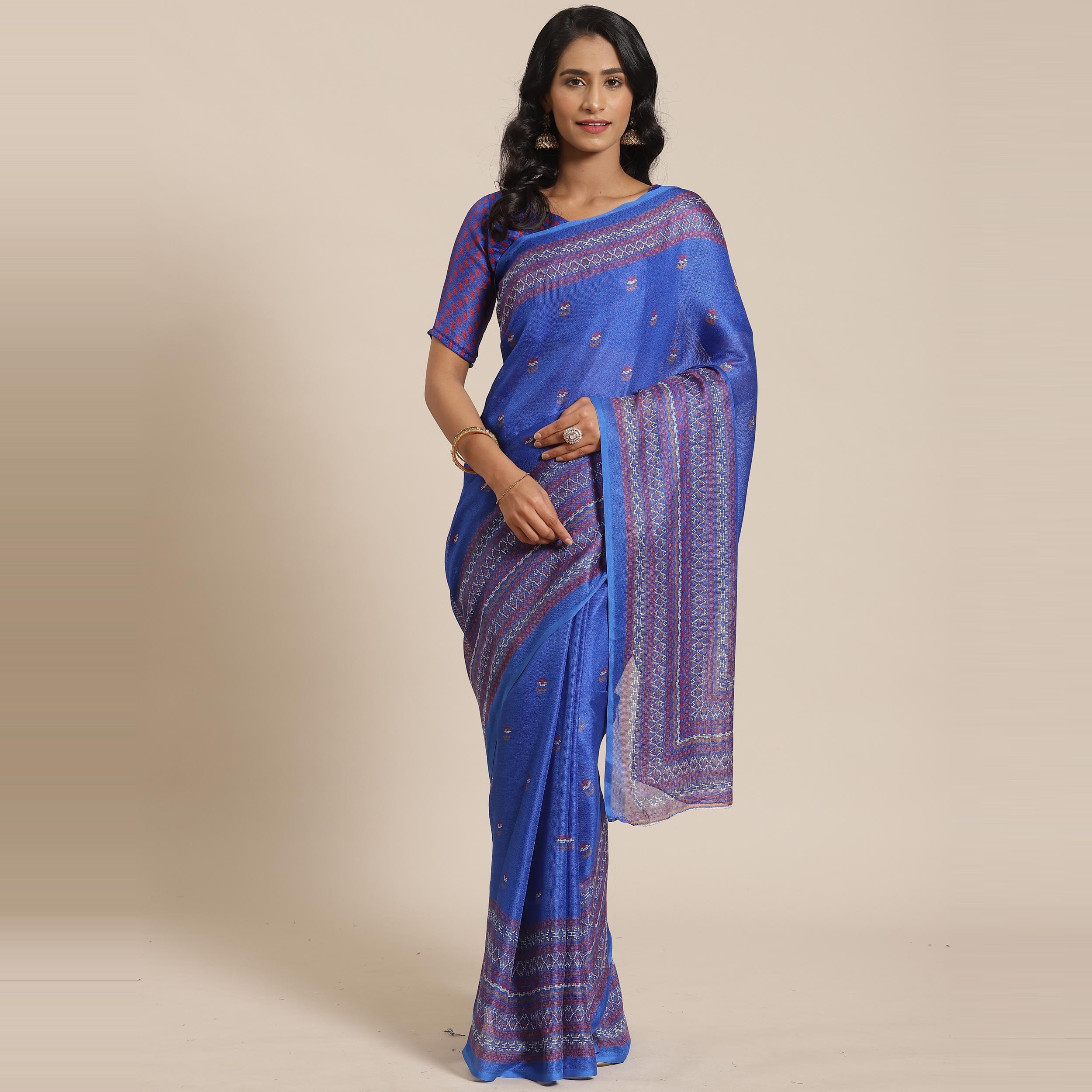 Gorgeous Blue Colored Casual Wear Printed Jute Silk Saree - Peachmode