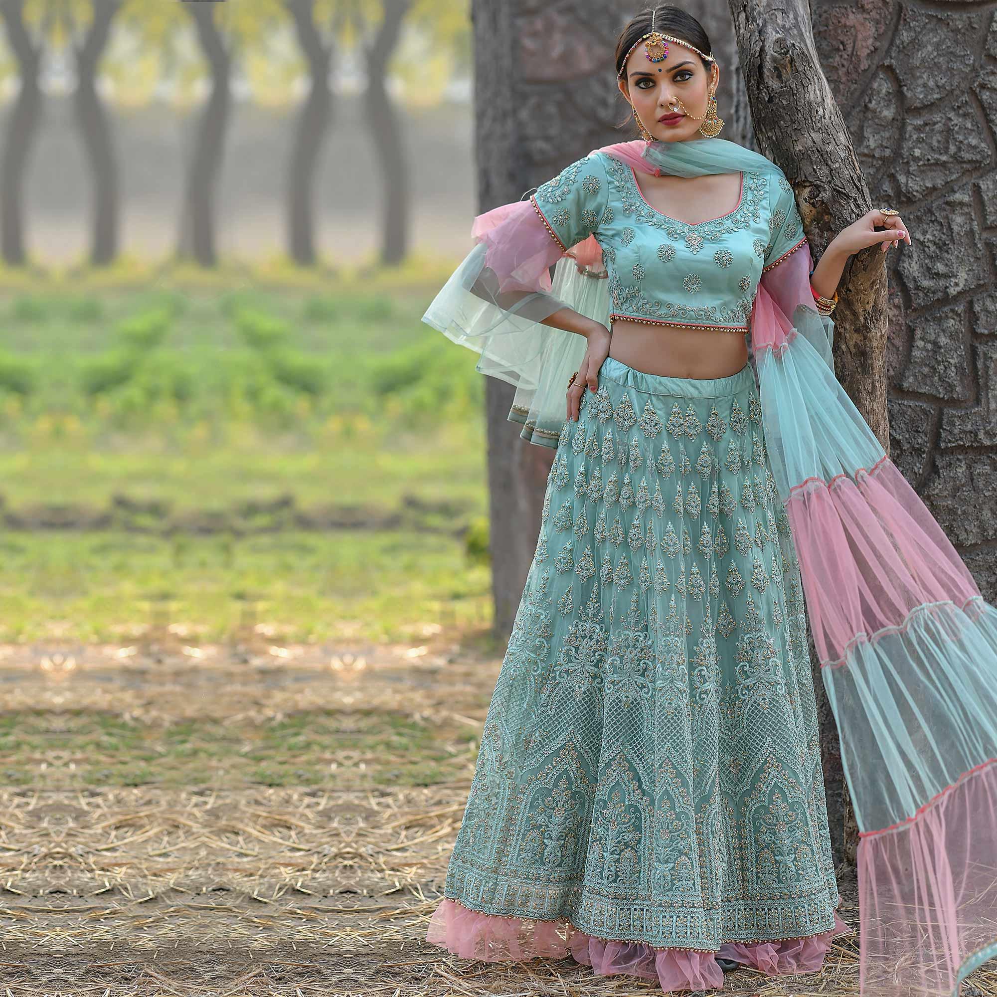 Gorgeous Blue Colored Party Wear Embroidered Net Lehenga Choli - Peachmode