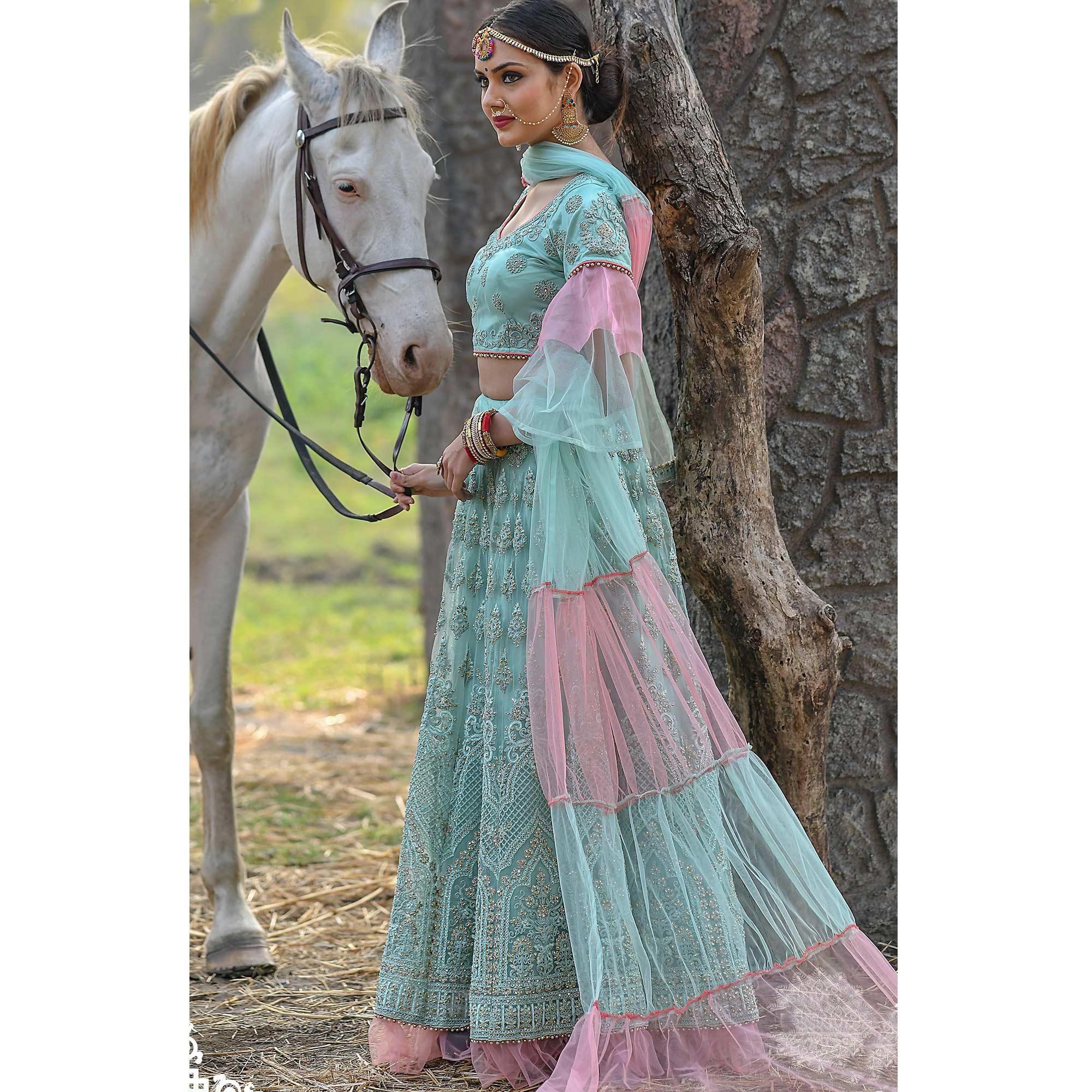 Gorgeous Blue Colored Party Wear Embroidered Net Lehenga Choli - Peachmode