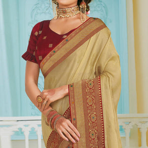 Gorgeous Chikoo Colored Partywear Foil Work Chiffon Saree - Peachmode