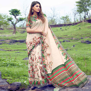 Gorgeous Cream Colored Casual Wear Digital Printed Silk Saree - Peachmode