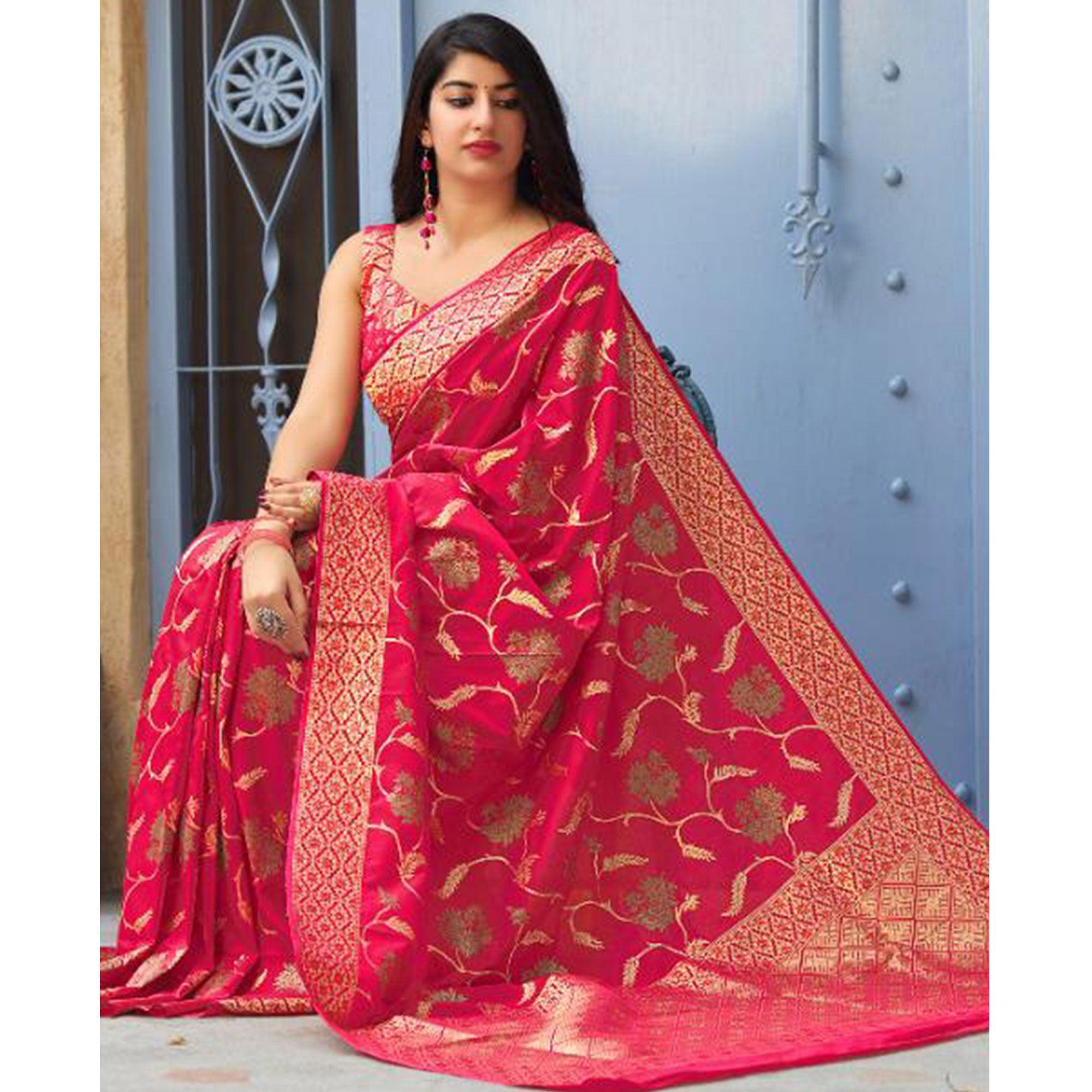 Gorgeous Dark Pink Colored Festive Wear Woven Banarasi Silk Saree - Peachmode