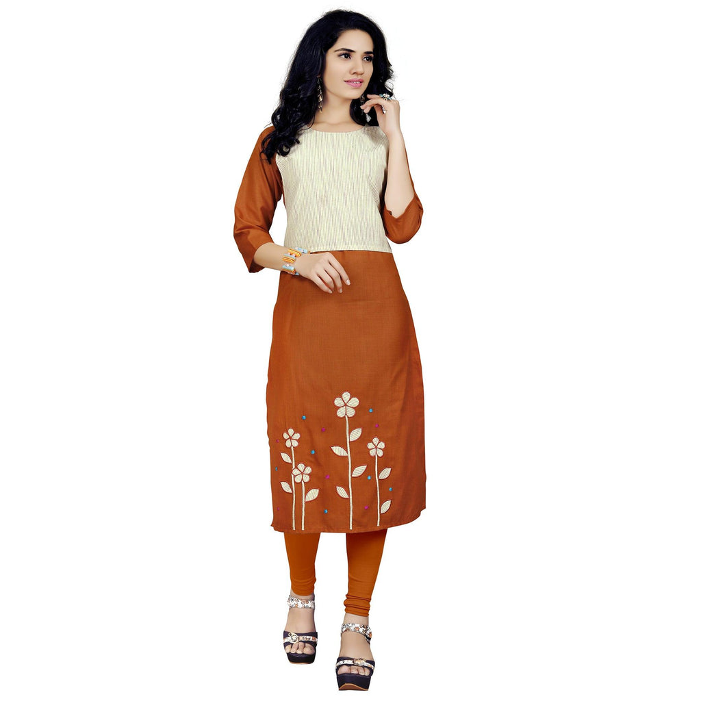 Gorgeous Dark Rust Orange Colored Casual Embroidered Cotton Kurti