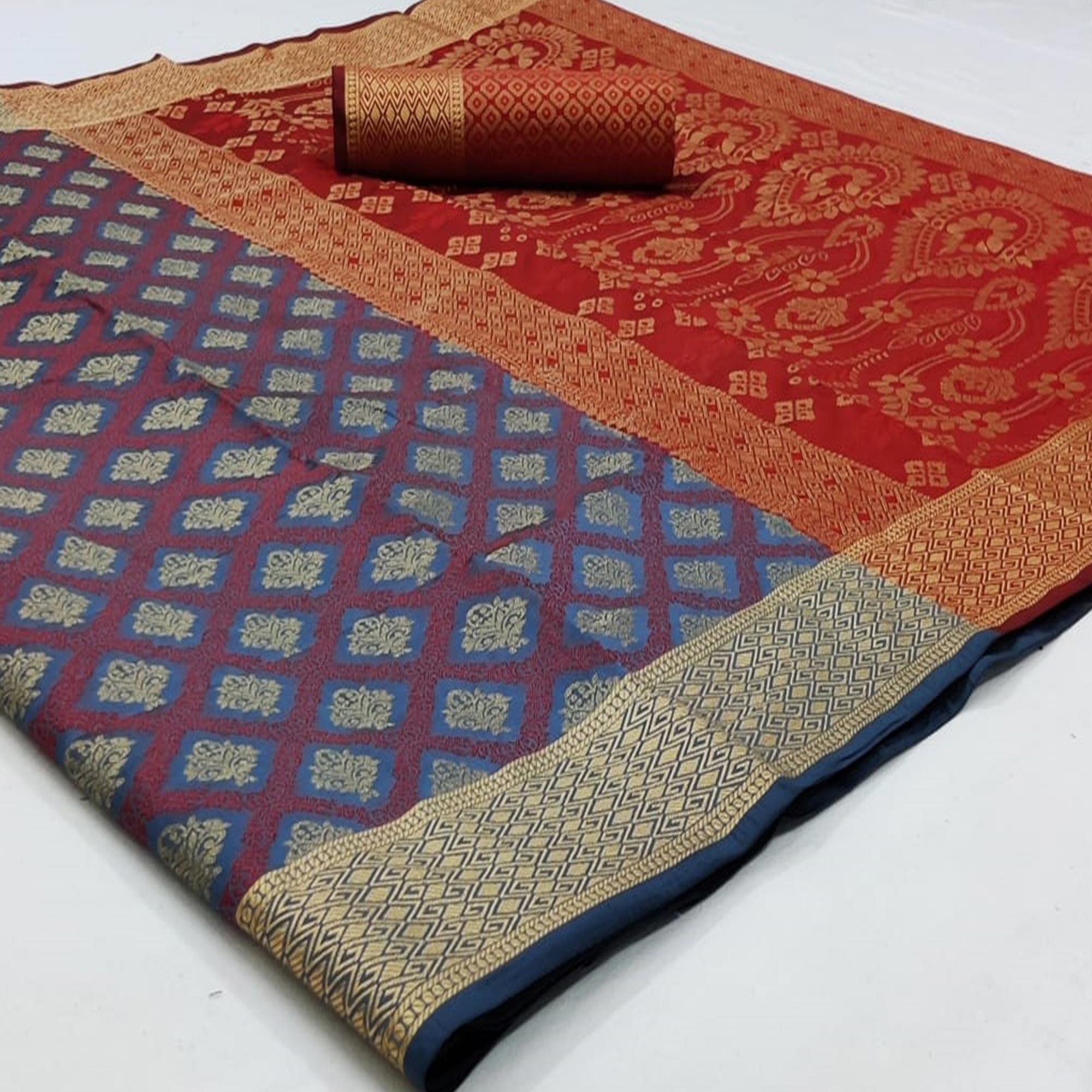 Gorgeous Dusty Blue Colored Festive Wear Woven Patola Silk Saree - Peachmode