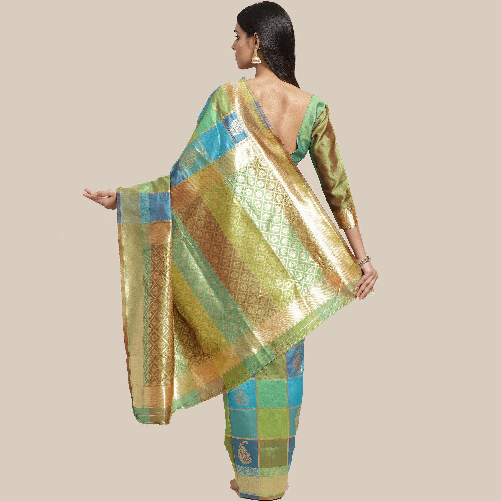 Gorgeous Green-Blue Colored Festive Wear Woven Silk Blend Saree - Peachmode