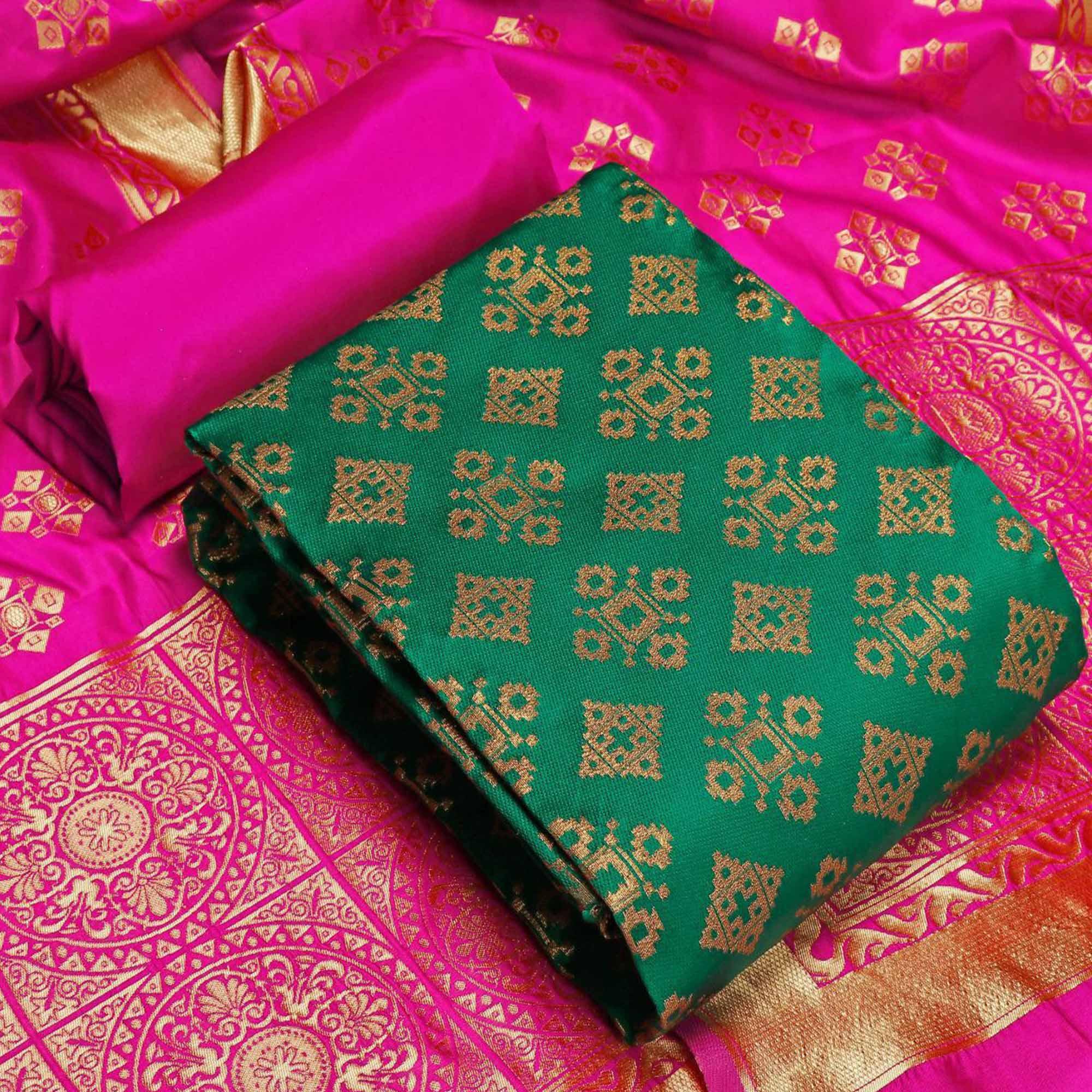 Gorgeous Green Colored Casual Wear Banarasi Silk Dress Material - Peachmode