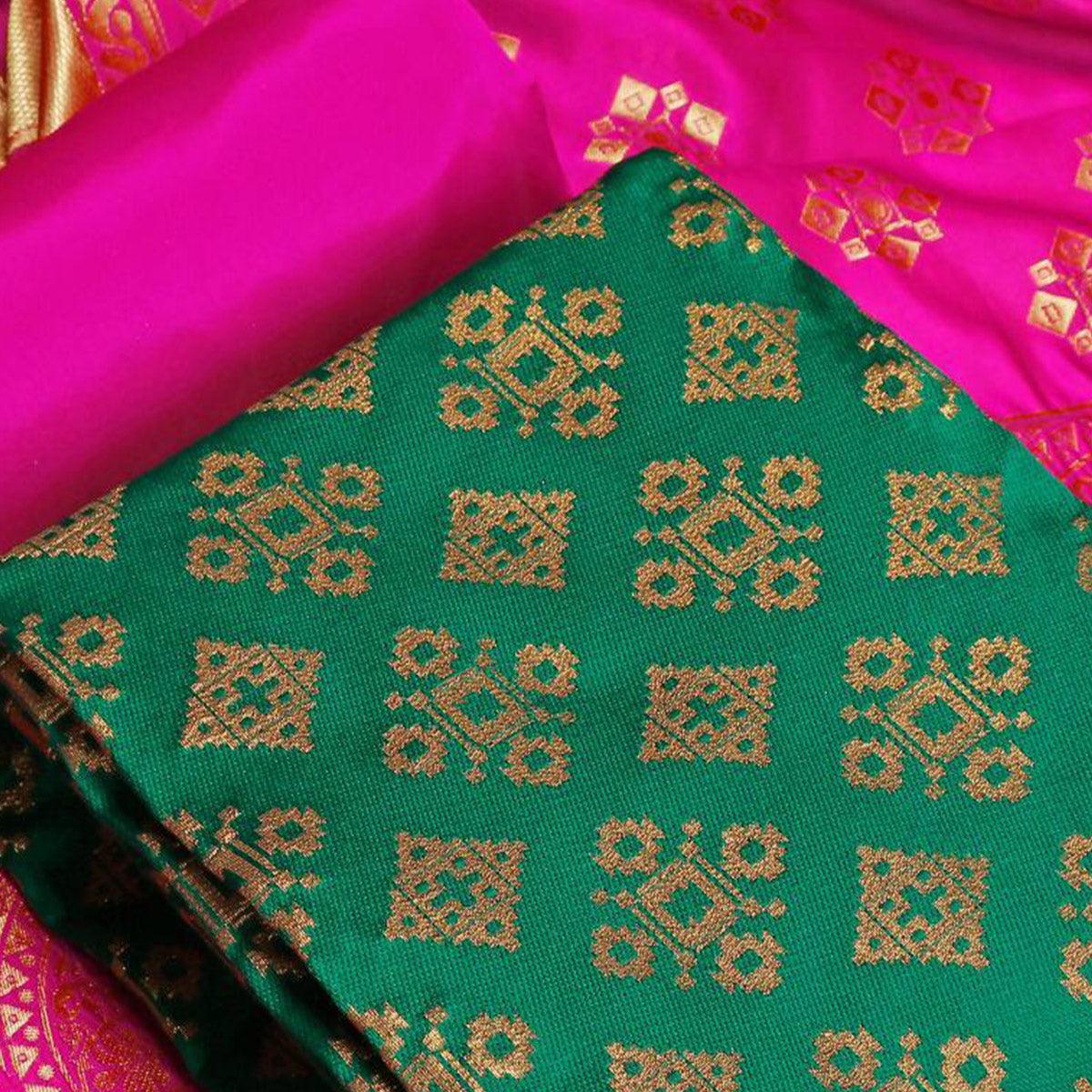 Gorgeous Green Colored Casual Wear Banarasi Silk Dress Material - Peachmode