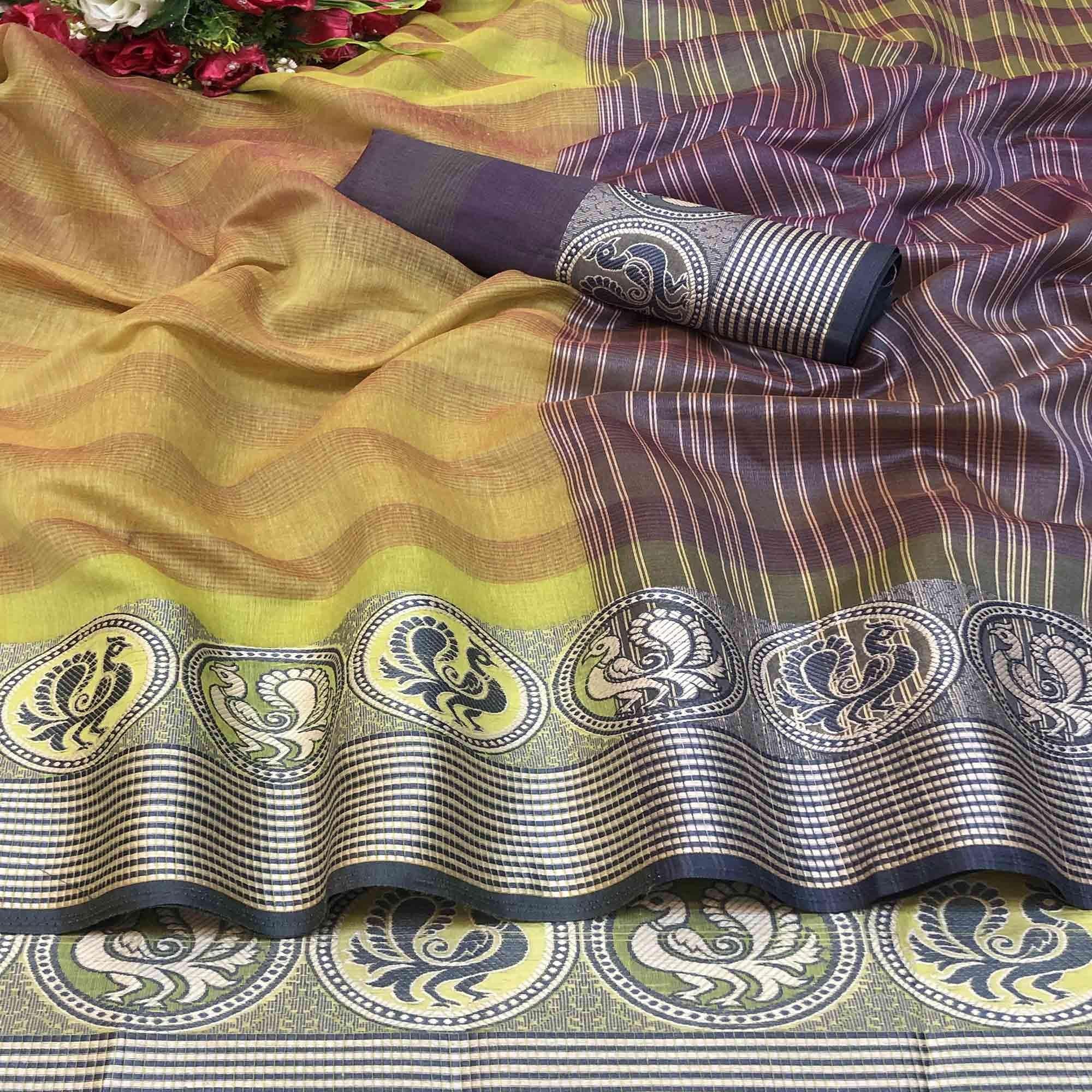 Gorgeous Green Colored Festive Wear Printed Cotton Silk Saree - Peachmode