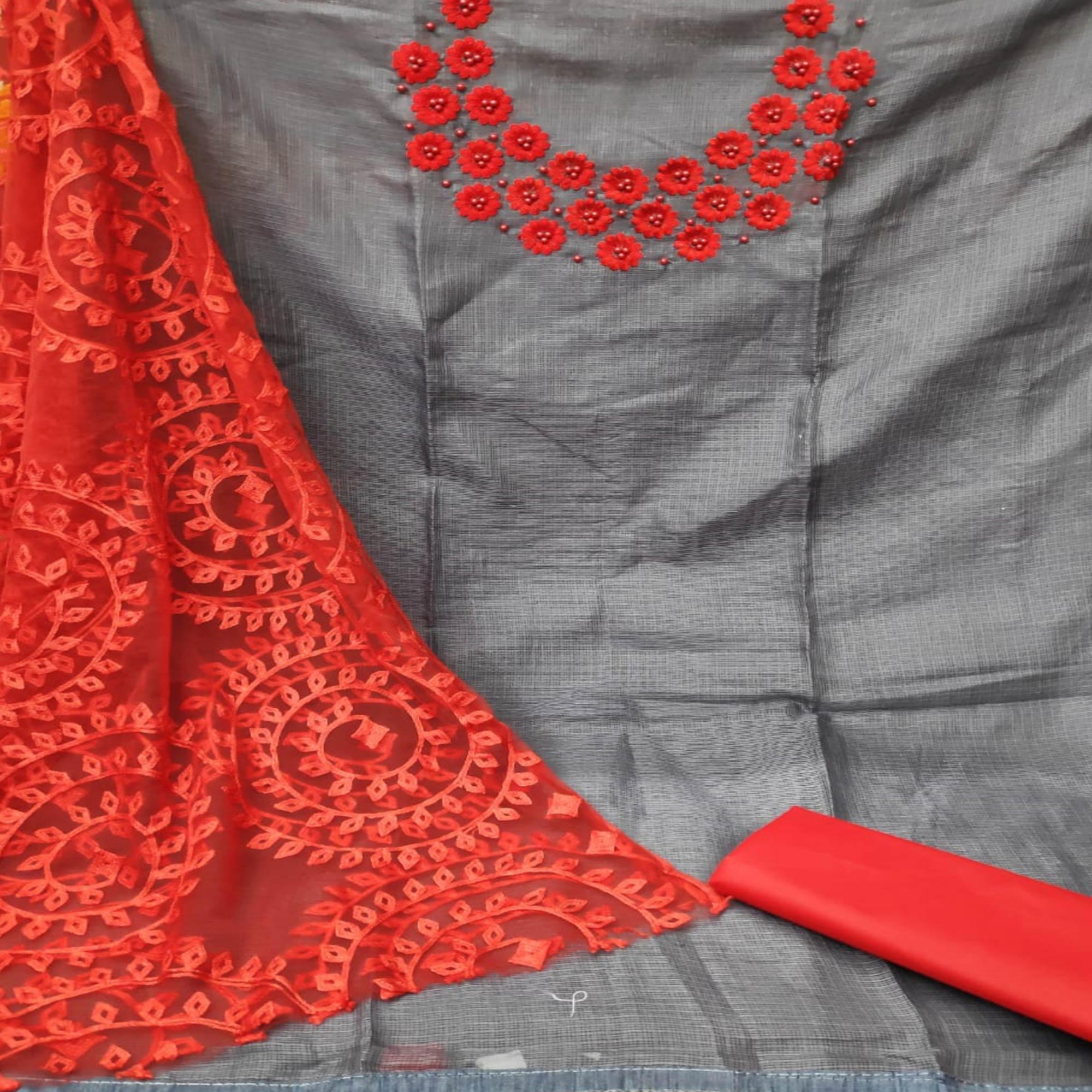Gorgeous Grey Colored Casual Wear Embroidered Kota Silk Dress Material - Peachmode