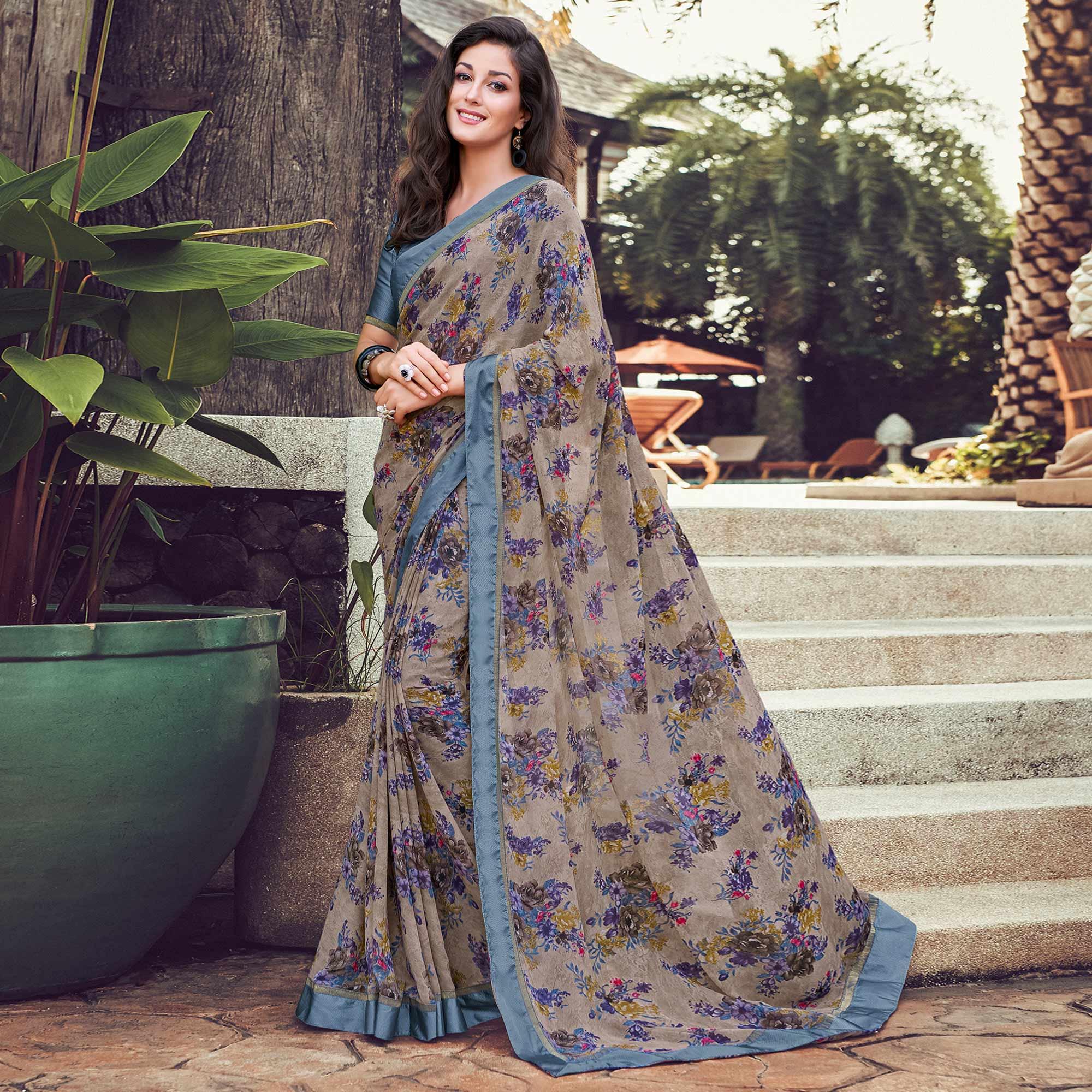 Gorgeous Grey Colored Partywear Designer Printed Georgette Saree - Peachmode