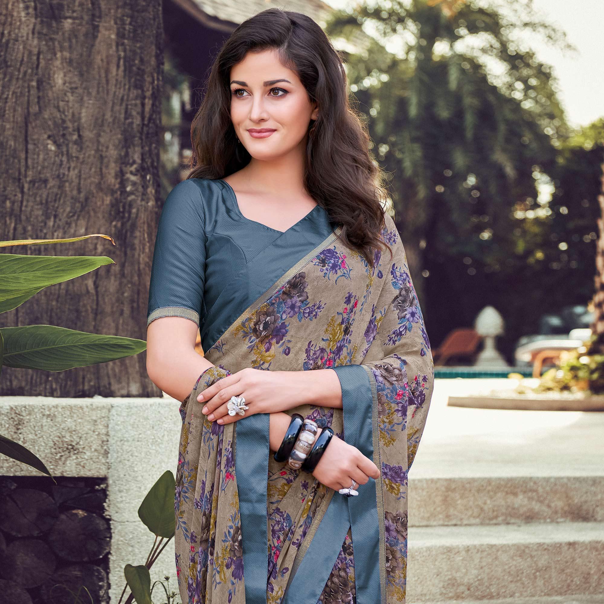 Gorgeous Grey Colored Partywear Designer Printed Georgette Saree - Peachmode