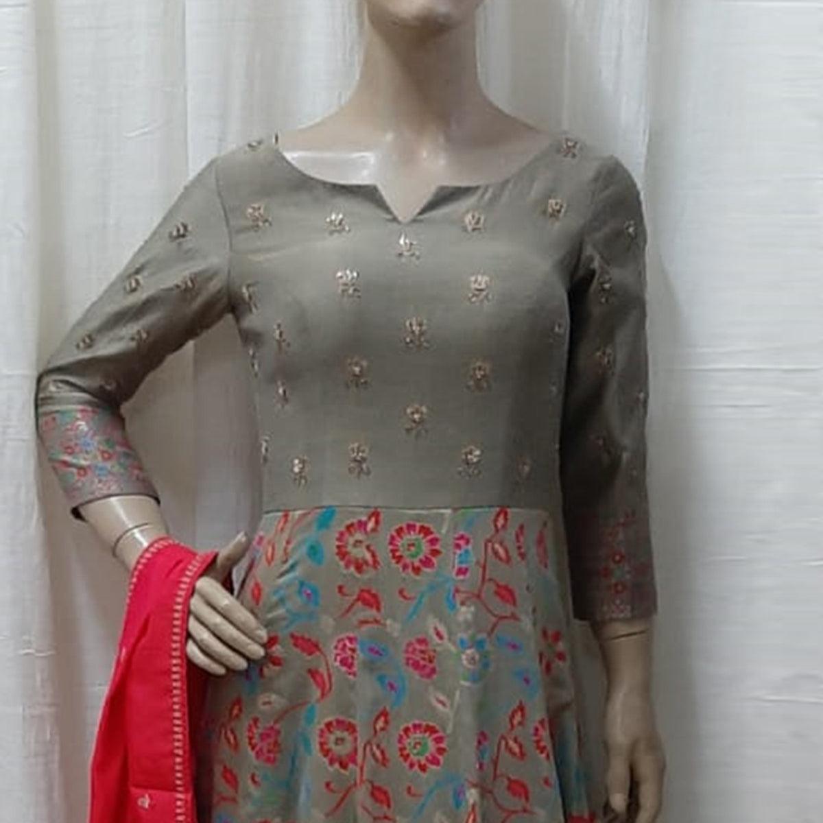 Gorgeous Grey Colored Partywear Embroidered Tapetta Silk Gown - Peachmode