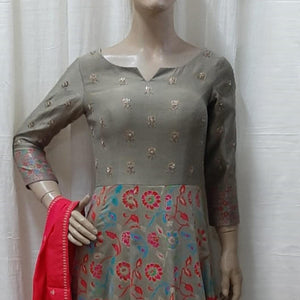 Gorgeous Grey Colored Partywear Embroidered Tapetta Silk Gown - Peachmode