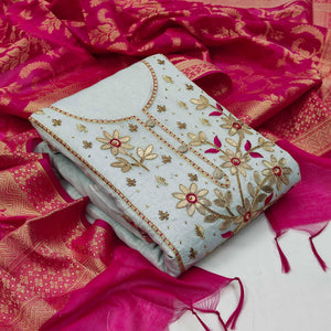 Gorgeous Light Blue Colored Casual Embroidered Modal Chanderi Dress Material - Peachmode